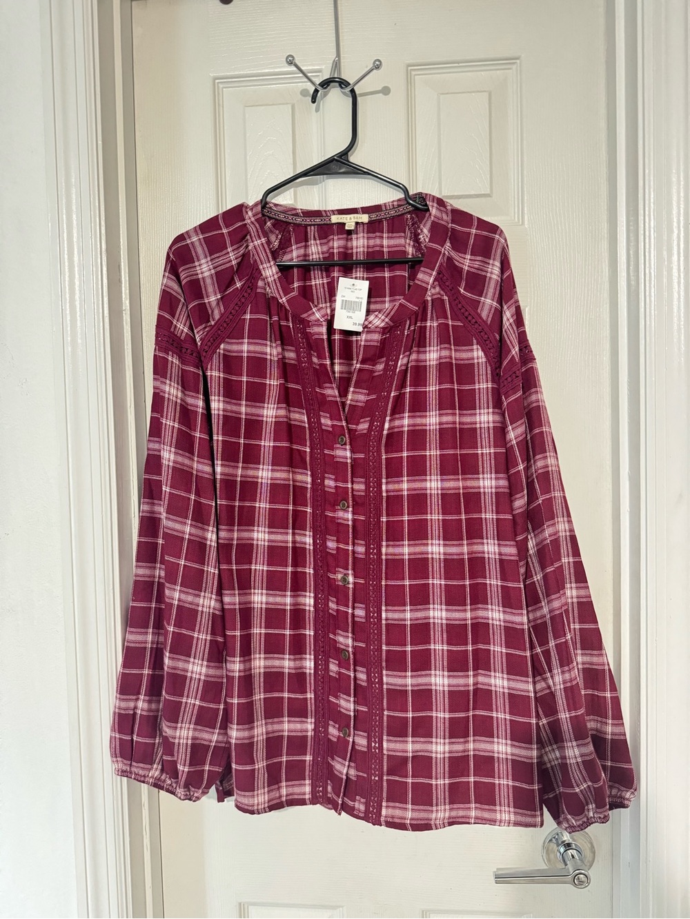 Plaid Button-Down Shirt in Burgundy with Trim